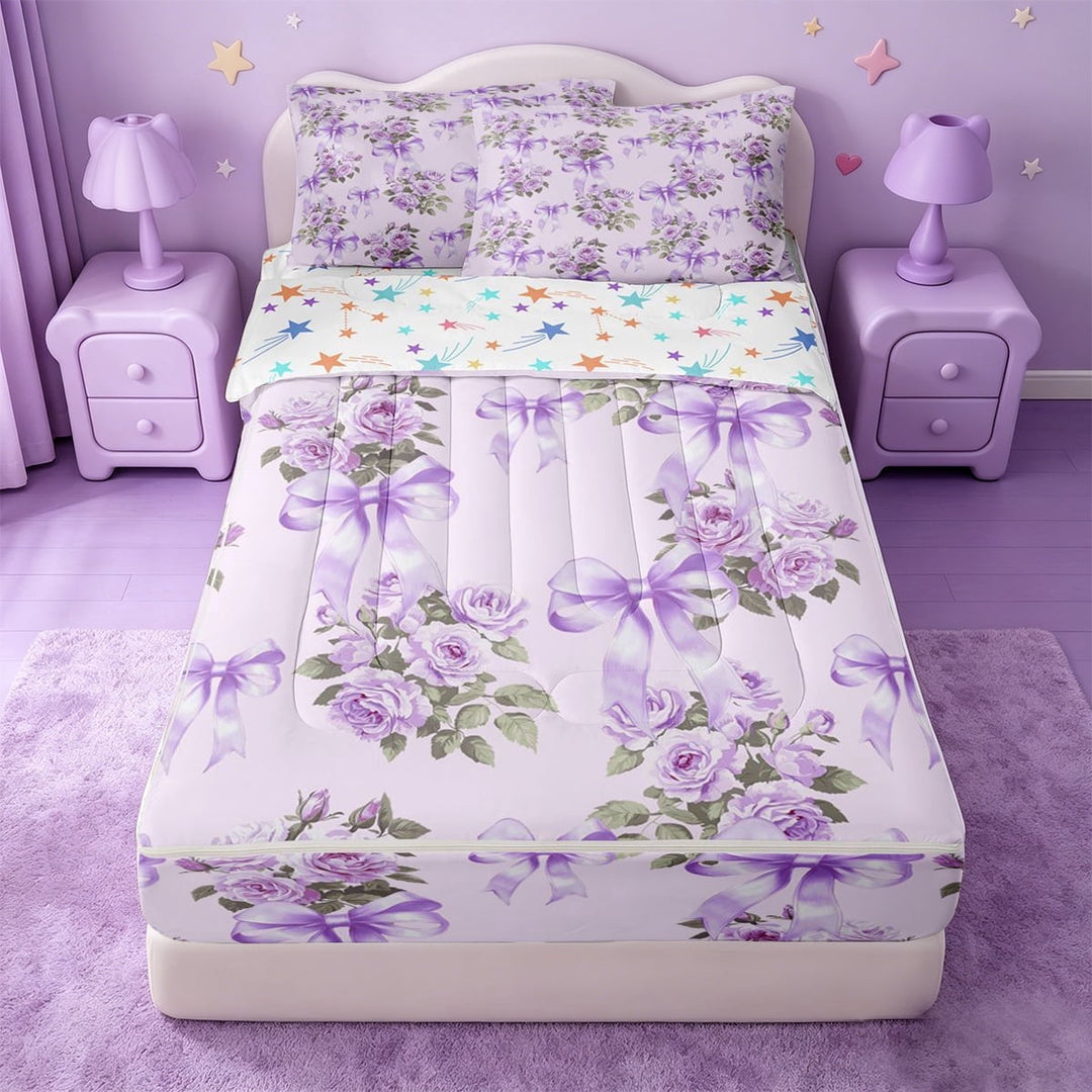 Erosebridal Cartoon Lavender Bow Zipper Twin Comforter Sets with Fitted Sheet and 2 Pillowcases,Purple Flower Ribbon Zipper Bedding Set For Girls,Colorful Stars Reversible,4pcs