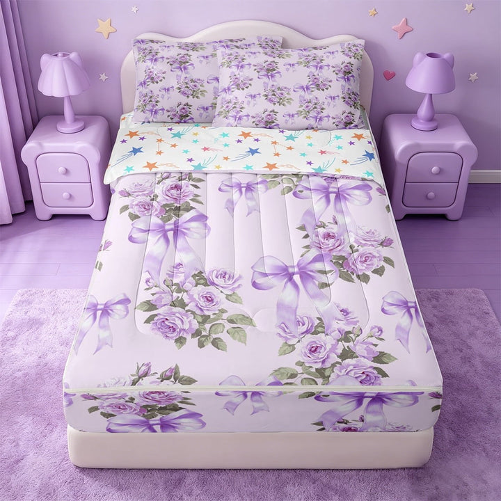 Erosebridal Cartoon Lavender Bow Zipper Twin Comforter Sets with Fitted Sheet and 2 Pillowcases,Purple Flower Ribbon Zipper Bedding Set For Girls,Colorful Stars Reversible,4pcs