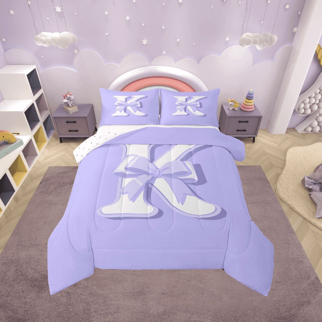 Erosebridal Purple Bowknot Bedding Twin Comforter Set, Initial Letter K Down Comforter, Cartoon Monogrammed Reversible Comforters &amp; Duvets, Breathable Bedroom Decorative, 2pcs
