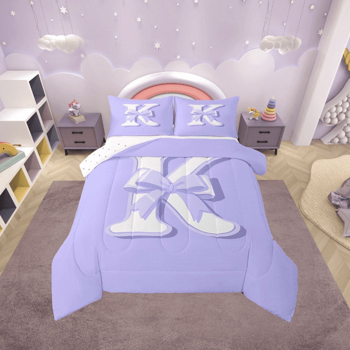 Erosebridal Purple Bowknot Bedding Twin Comforter Set, Initial Letter K Down Comforter, Cartoon Monogrammed Reversible Comforters &amp; Duvets, Breathable Bedroom Decorative, 2pcs