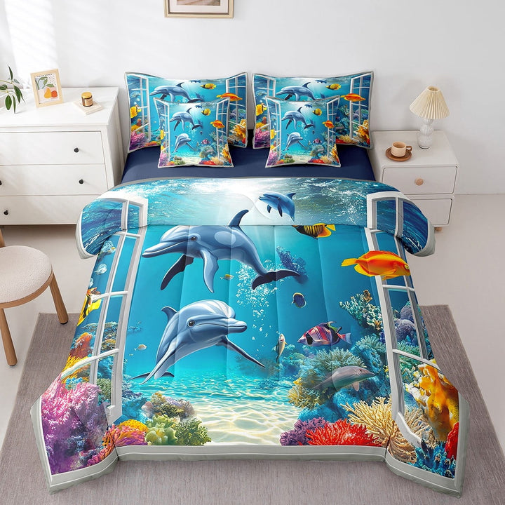 Dolphin Comforter Set 7 Piece Bed in a Bag Twin,Nautical Sea Animal Bedding Sets,Blue Ocean Sheet Set with Comforter Tropical Coastal Bed Set,Underwater World Hawaii Beach Decor