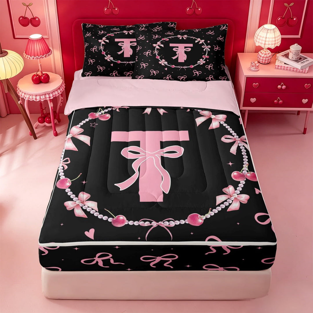 meiyoeat Girls Personalized Initial T Zipper Twin Comforter Sets with Fitted Sheet and 2 Pillowcases,Pink Ribbon Bowknot Print Zipper Bedding Set For Girl,Pink Reversible,4-Piece