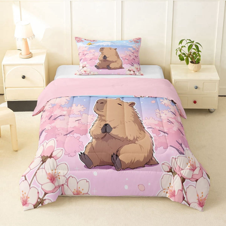Erosebridal Animal Capybara Twin Comforter Sets 3-Piece For Boys Girls,Japanese Sakura Mount Fuji Bedding Set For Kids,Pink Reversible