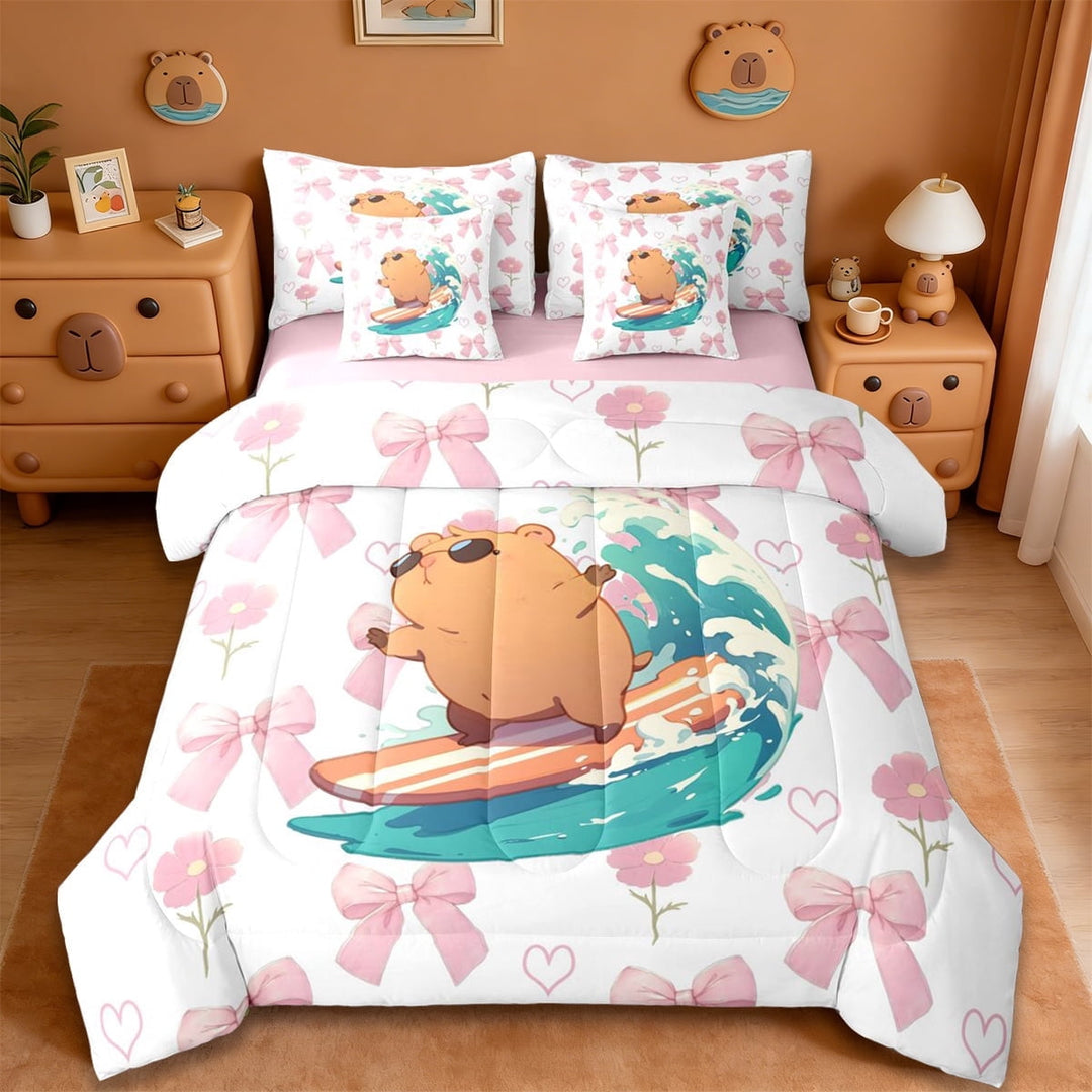 Erosebridal Cartoon Surfing Capybara 7-Piece Twin Bedding Sets,Kawaii Rodent Animal Bedding Comforter Set For Kids ,Reversible Pink