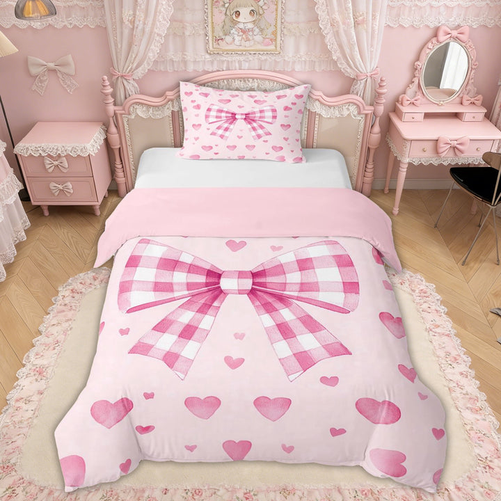 Erosebridal Buffalo Bow-tie Twin Bedding for Women Girls, Princess Love Heart Duvet Cover Set, Pink Reversible, 1 Duvet Cover and 1 Pillowcase (No Comforter)