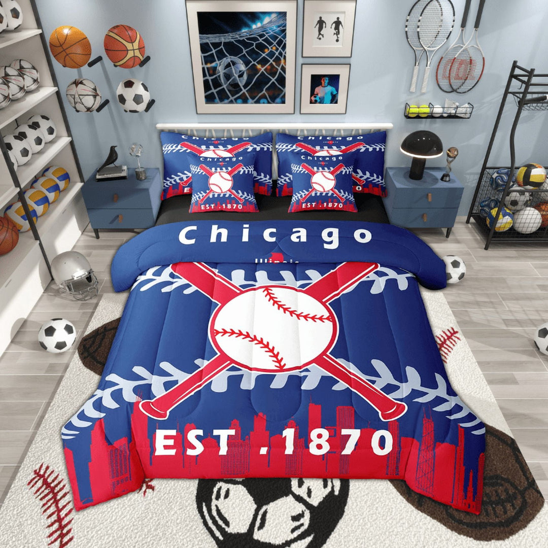 7 Pcs Comforter Set Full Size, Sports Bed in a Bag with Flat Sheet and Fitted Sheet and Adults,Baseball Bat Ball Bedding Set with Pillowcase and Sham(Chicago 1)