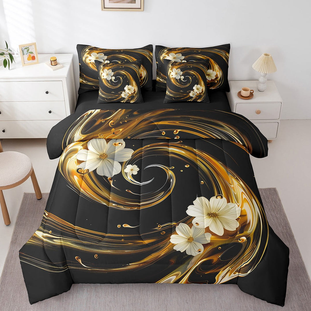 Black Gold Watercolor Bedding Comforter Sets 7pcs White Flower Floral Bed in a Bag, Golden Marbling Full Bedding Sets Modern Abstract Artwork Comforter Set Geometric Spiral Bedding Sets &amp; Collections