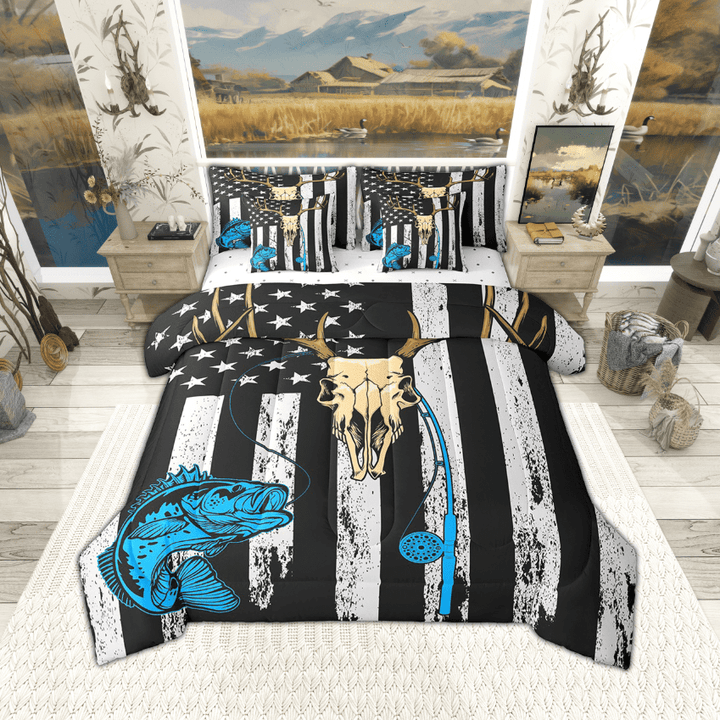 Erosebridal 7 Pcs American Flag Comforter Set, Hunting Fishing Bed In A Bag With Flat Sheet And Fitted Sheet Queen Size Adults, Cow Skull Bedding Set With Pillowcases &amp; Shams, Black White