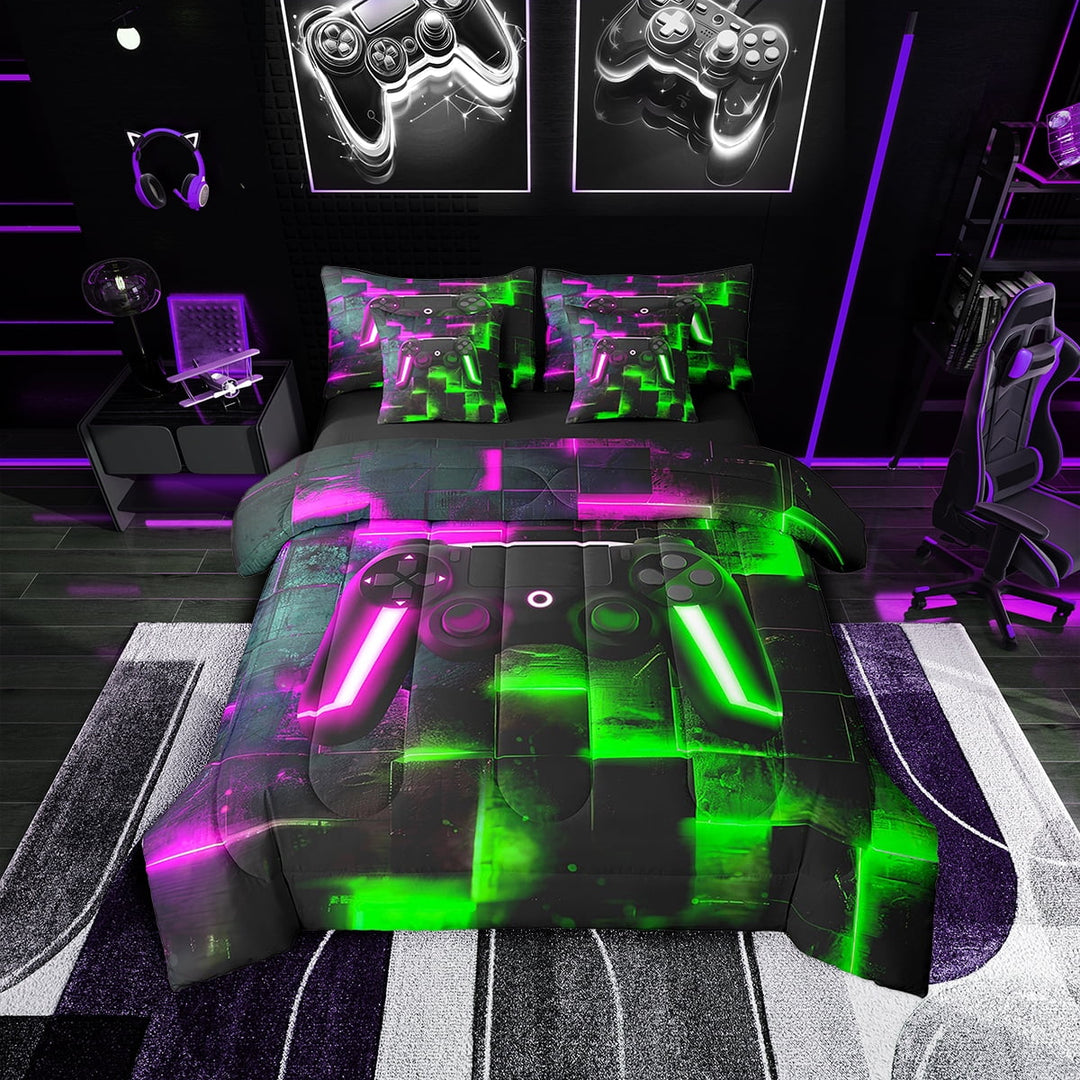 Video Game Bedding Comforter Sets 7pcs Teens Aesthetic Neon Plaid Bed in a Bag, Gamepad Gamer Twin Bedding Sets Black Green Hot Pink Comforter Set, Glowing Futuristic Cubes Bedding Sets