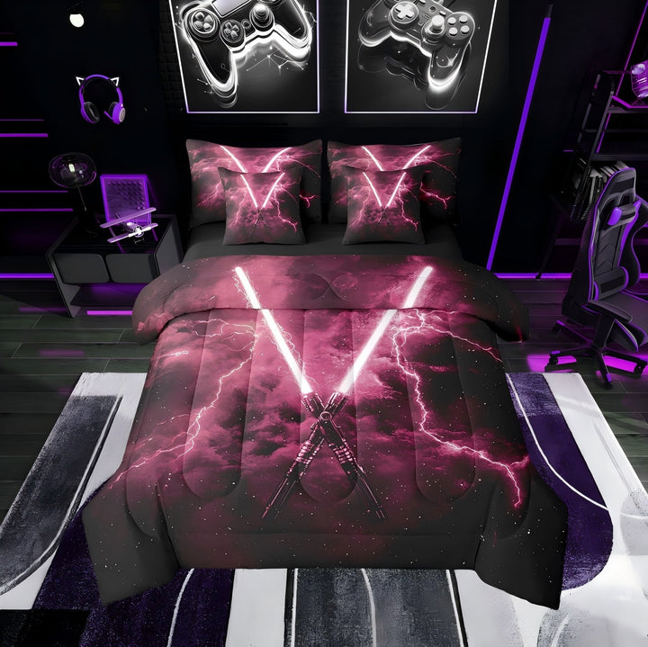 Erosebridal Futuristic Lightning Bedding Twin Comforter Set, Galaxy Down Comforter, Neon Lightning Decor, Reversible 7pcs