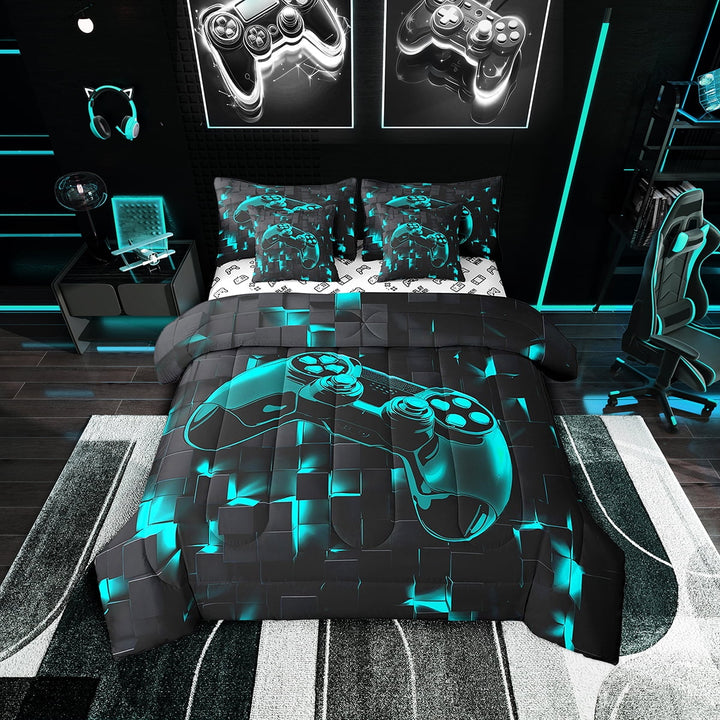 Gaming Twin Comforter Set 7-Piece Teen Gamer Bedding Comforter Sets Teal Blue Neon Light Bed in a Bag Gradient Geometry Checkered Bedding Set Video Game Theme Bedding Sets &amp; Collections