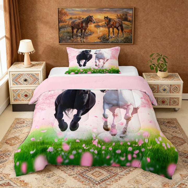 Erosebridal Black White Horse Twin Comforter Sets, Pink Florals Bedding Set