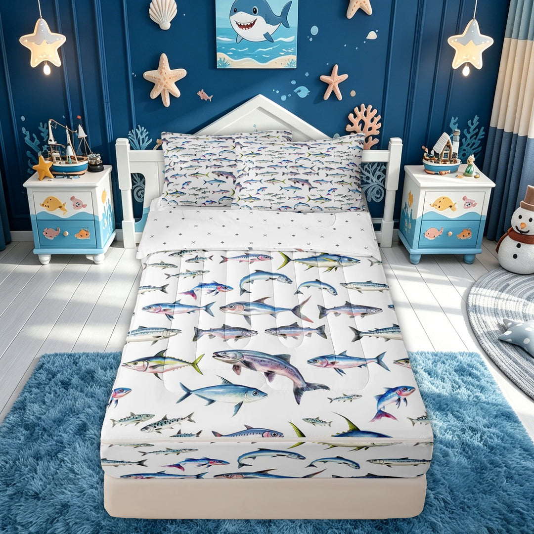 meiyoeat Blue Cartoon Shark Zipper Comforter Set with Fitted Sheet and 2 Pillowcases for Men Boys, Deep Sea Animal Zipper Bedding Set, Reversible, 3 Pieces