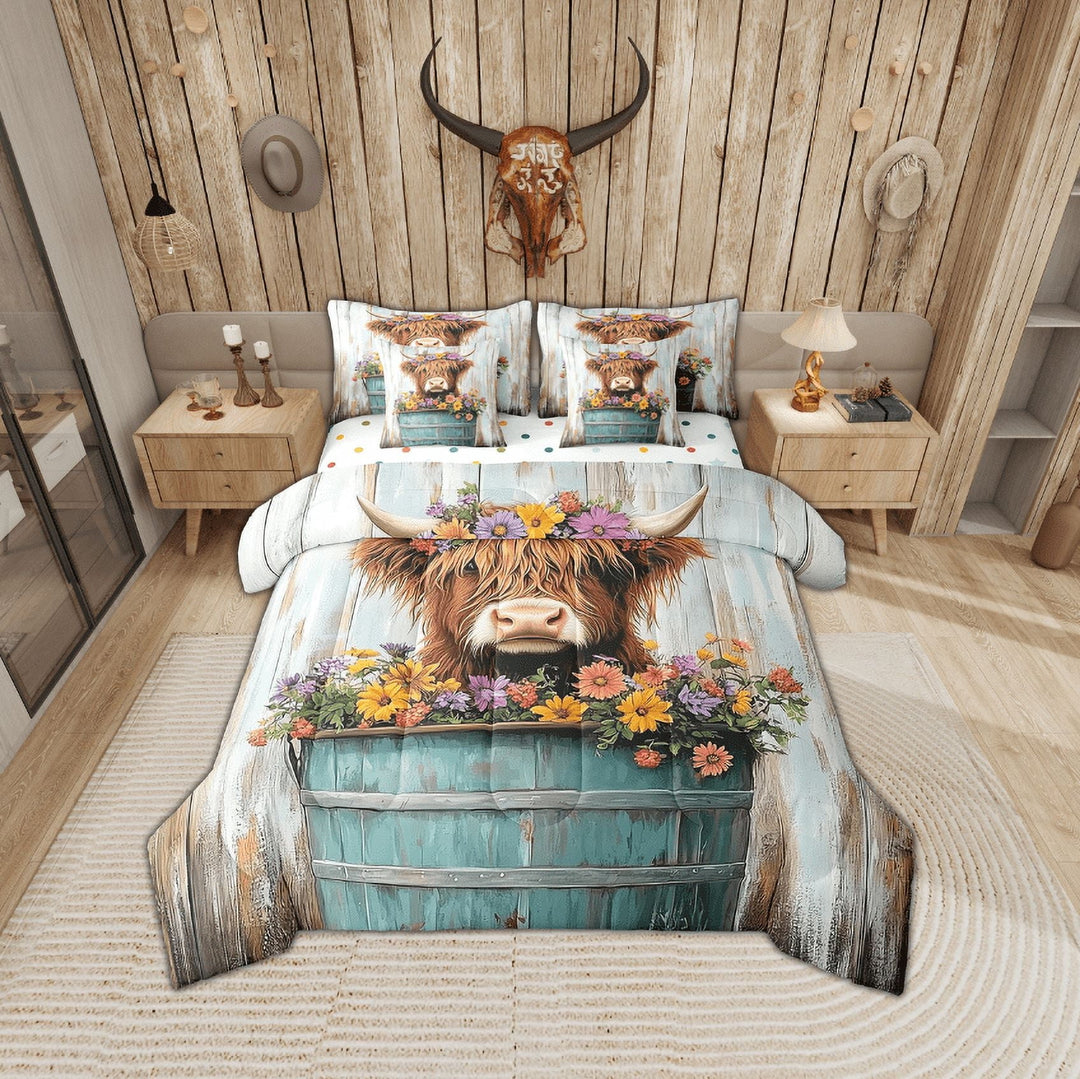 Erosebridal Watercolor Highland Cow Bedding Twin Size, Coloral Blossoms Comforter Sets with Sheets, Old Barn Door Bedroom Decor, Reversible 7pcs