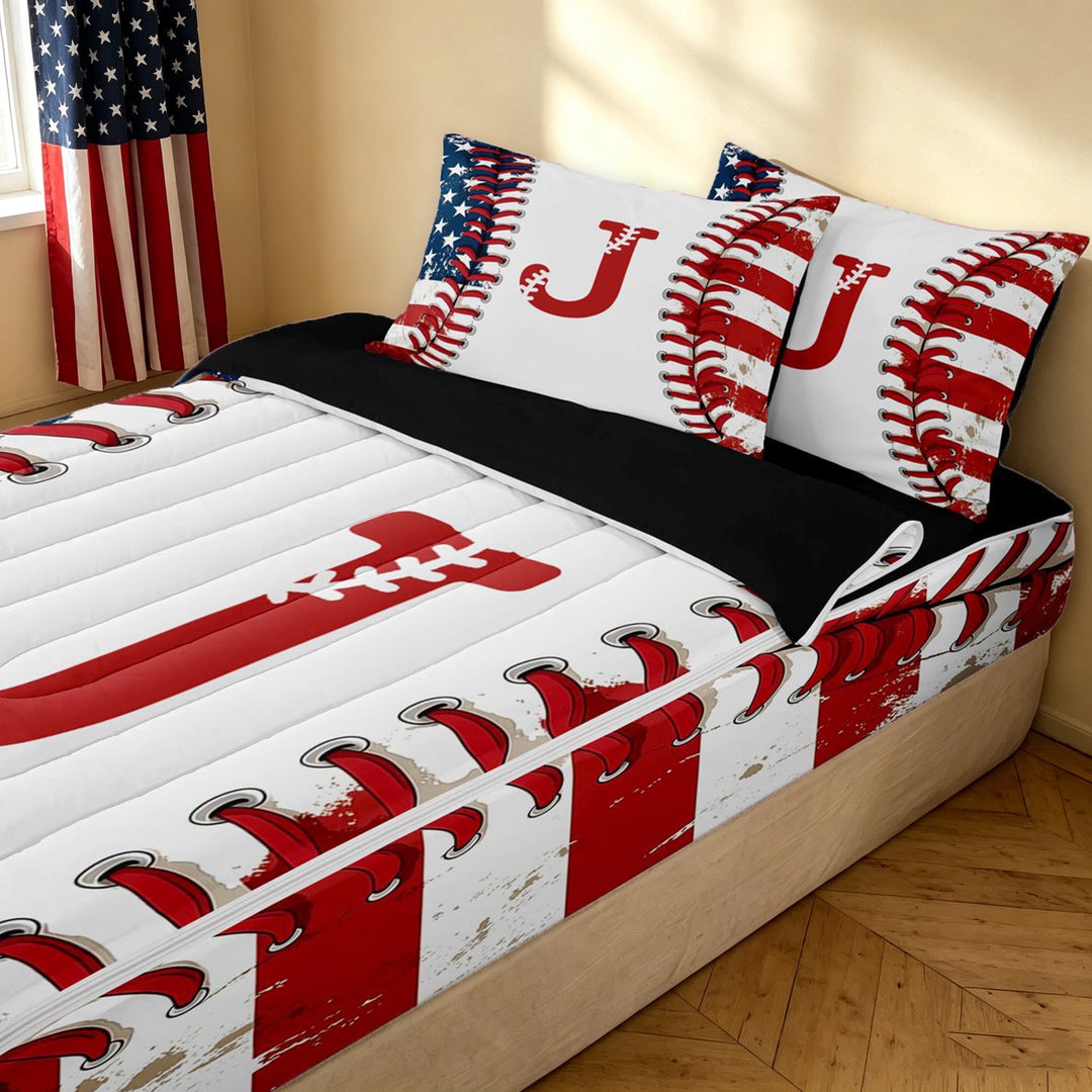 meiyoeat Retro Baseball J Letter Zipper Twin Comforter Sets with Fitted Sheet and 2 Pillowcases for Boys, Blue Red USA Flag Zipper Bedding Set, Black Reversible, 4-Piece
