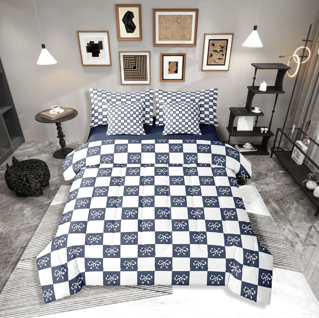 Erosebridal Cartoon Bow Tie Bedding Sets Twin Size,Blue White Comforter Sets with Sheets,Geometric Decoration,Reversible,Breathable,7-Piece