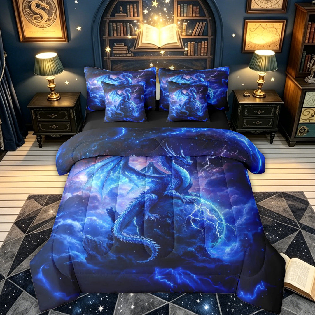 meiyoeat Blue Lightning Dragon Full Size Bedding Sets for Boys Girls Kids, Galaxt Planet Animal Full Size Bed in a Bag, Blue, Black Reversible, 7 Pieces