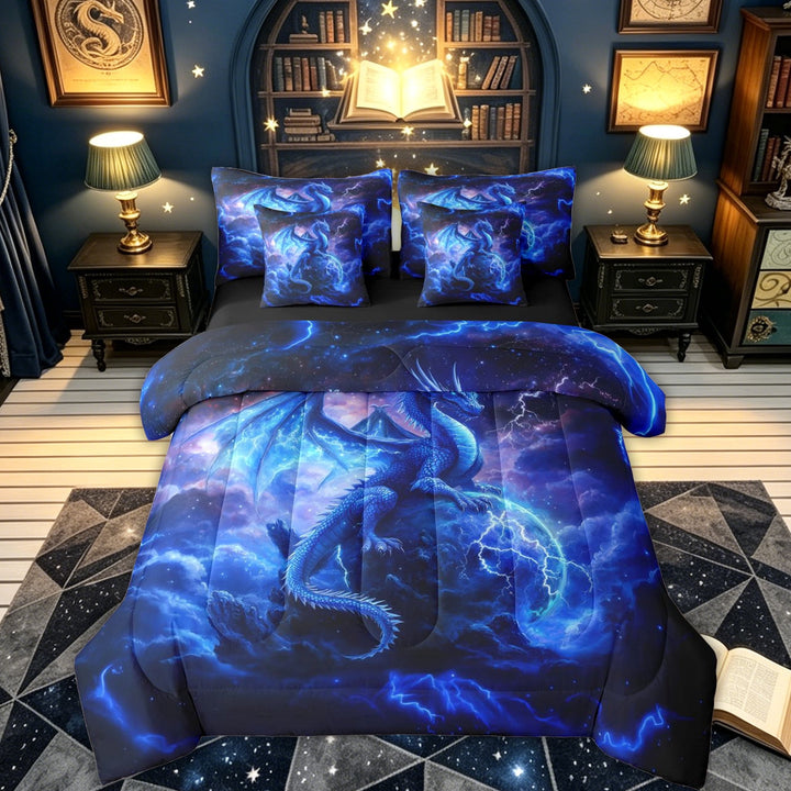 meiyoeat Blue Lightning Dragon Full Size Bedding Sets for Boys Girls Kids, Galaxt Planet Animal Full Size Bed in a Bag, Blue, Black Reversible, 7 Pieces