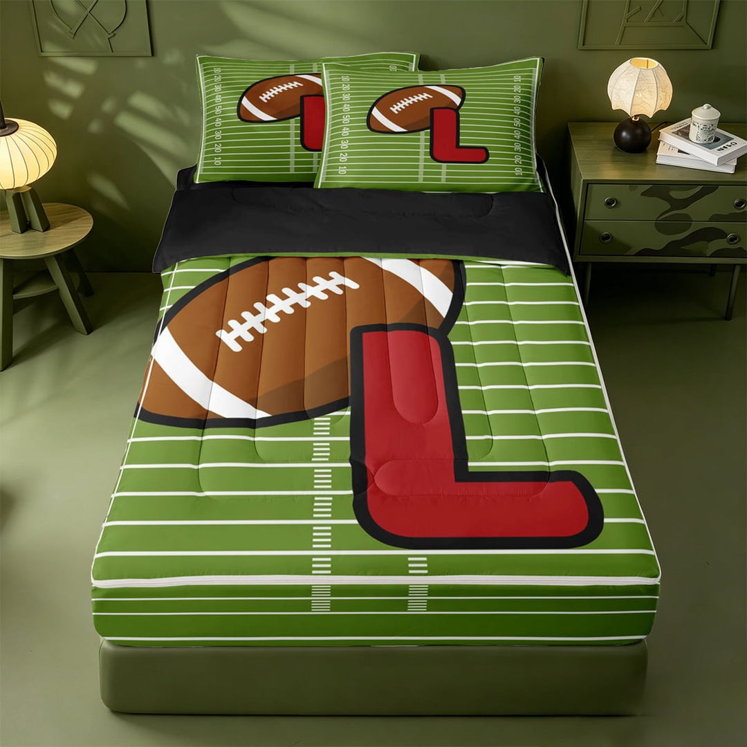 meiyoeat Footballs Ball Games Zipper Twin Comforter Sets with Fitted Sheet and 2 Pillowcases For Boys,Cartoon Rugby Monogrammed L Print Zipper Bedding Set For Kids,black Reversible,4 Pieces