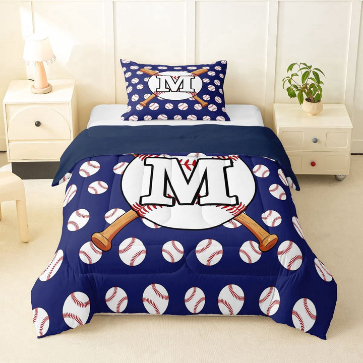 Erosebridal Personalized Initial M Baseball Print Twin Comforter Sets 3-Piece for Boys Girls,Teens Sport Theme Bedding Set,Navy Blue Reversible,Microfiber Bedroom Decor