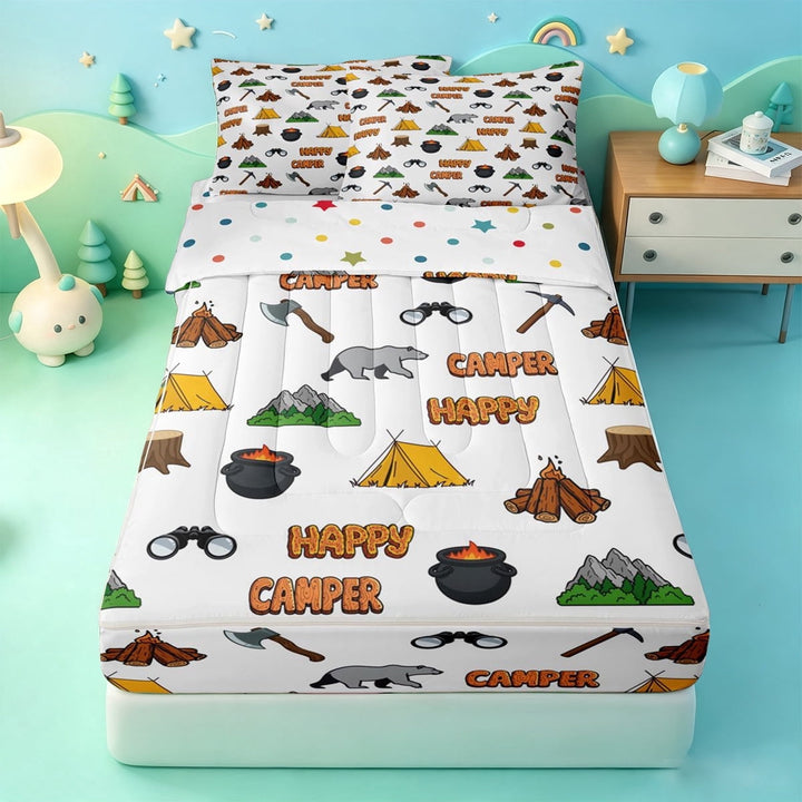 meiyoeat Cartoon Camping Zipper Twin Comforter Sets with Fitted Sheet and 2 Pillowcases,Happy Camper Pattern Zipper Bedding Set For Boys,Multicolor,Polkadot Reversible,4pcs