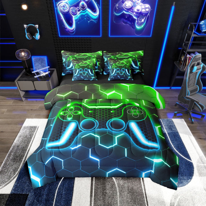 Erosebridal Video Game Bedding Sets Twin Size,Blue Green Comforter Sets with Sheets,Geometric Decoration,Reversible,Breathable,7-Piece
