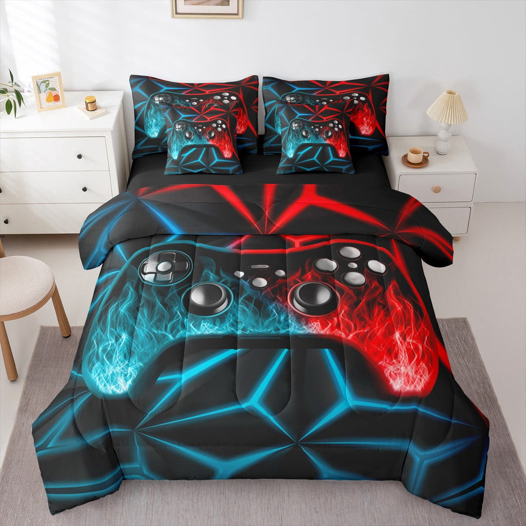 Erosebridal Gamer Bed in a Bag Twin size 7pcs , Geometric Comforter Sets with Sheets, Black Blue Red, Reversible
