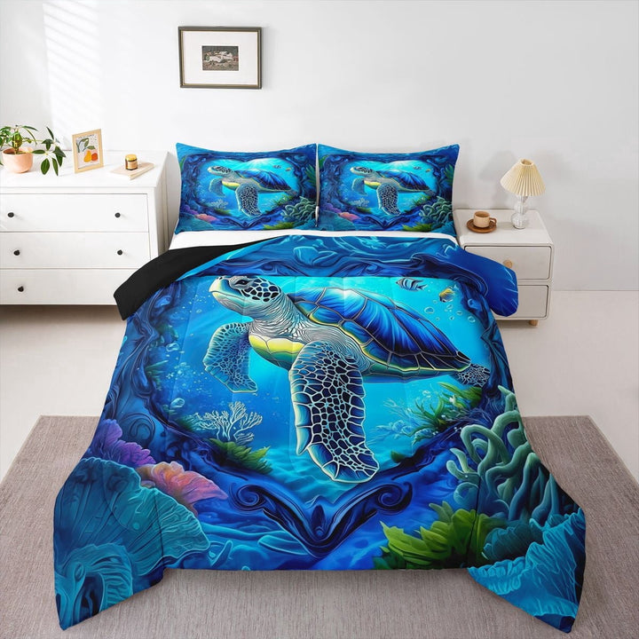 Erosebridal Teens Ocean Turtle Full Size Comforter Sets 3 Pieces,Girls Boys Blue Marine Animal Bedding Sets,Black Reversible