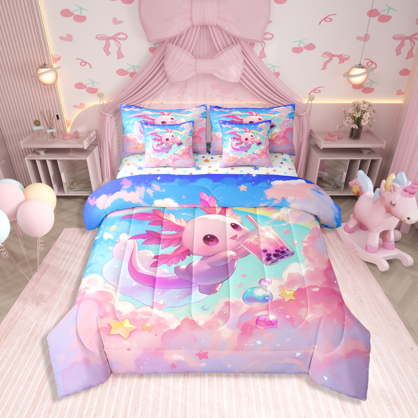 Erosebridal Cartoon Axolotl Bed In A Bag Full Size,Kawaii Animal Bed Set,Wildlife Room Decorative,Reversible,Breathable,7-Piece