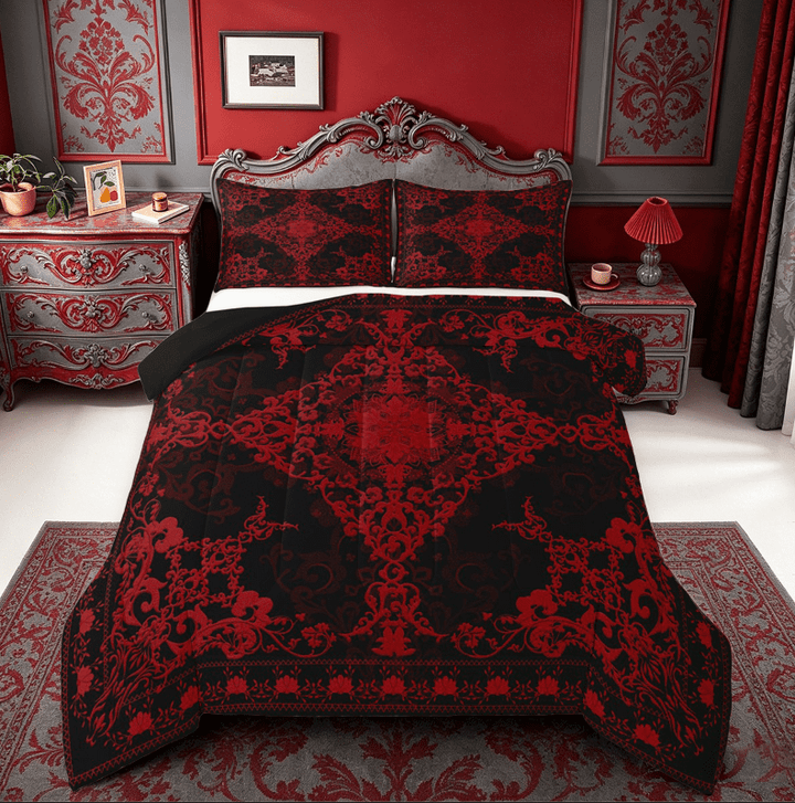 Erosebridal Gothic Vintage Floral Queen Comforter Set,Vintage Damask Bedding Comforter Set For Adults,Reversible black,3pcs