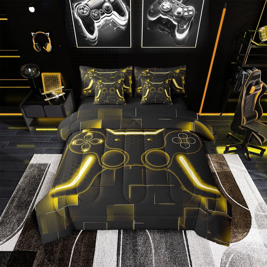 Gamer Bed In A Bag Gaming Bedding Set Room Decor,Game Contoller Twin Comforter Set 7 Piece Gamer Gifts Bed Set For All Season,Ombre Black Yellow Gamepad