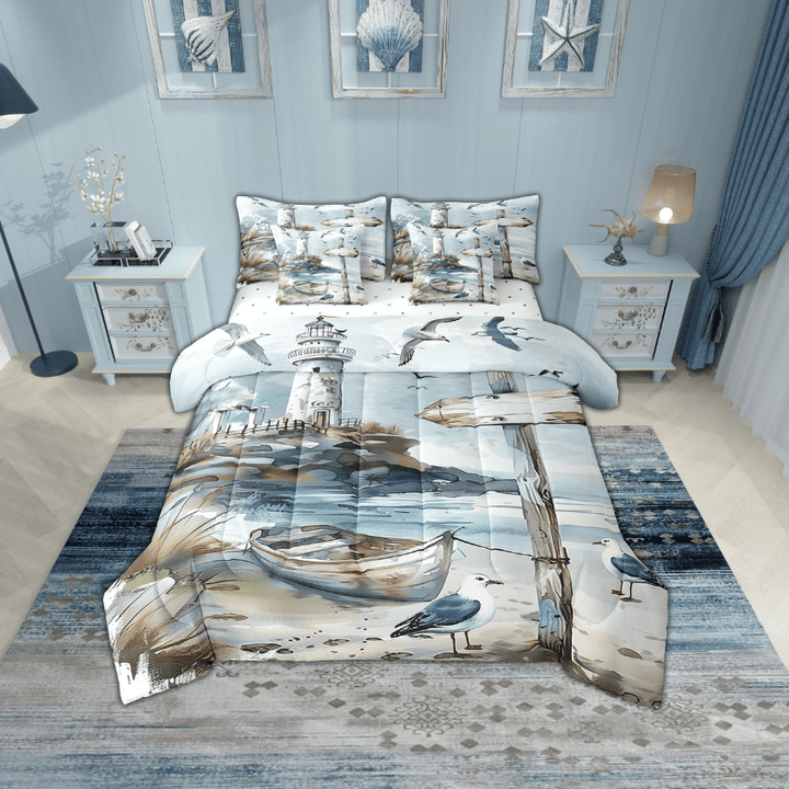 Erosebridal Wooden Boat Bed in a Bag Twin size, Beach Marine Bed Set, Sea Bird Decor, Reversible 7 Pieces