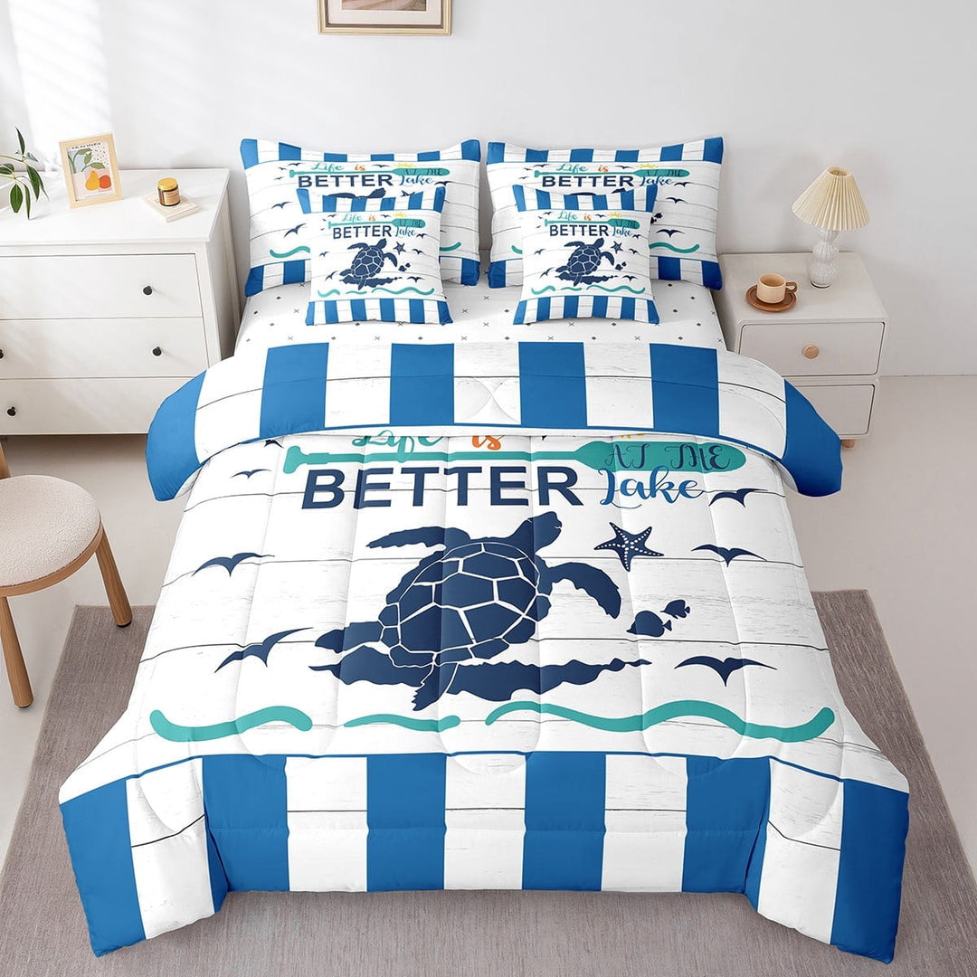 Erosebridal Sea Turle Bed in A Bag 7 Piece,Lake House Paddle Comforter Set Twin,Nautical Tropical Animal Bedding Sets,Life is Better at The Lake Quilt with Flat Fitted Sheet,Pillow Covers