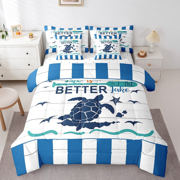 Erosebridal Sea Turle Bed in A Bag 7 Piece,Lake House Paddle Comforter Set Twin,Nautical Tropical Animal Bedding Sets,Life is Better at The Lake Quilt with Flat Fitted Sheet,Pillow Covers