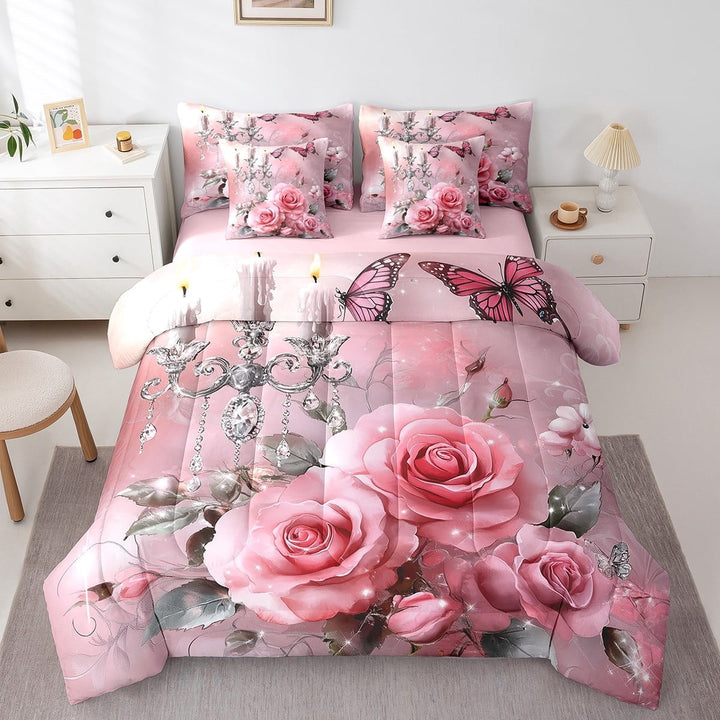 Erosebridal Chic Pink Floral Bedding Queen Size, Wild Butterfly Comforter Sets with Sheets, Romantic Valentine&