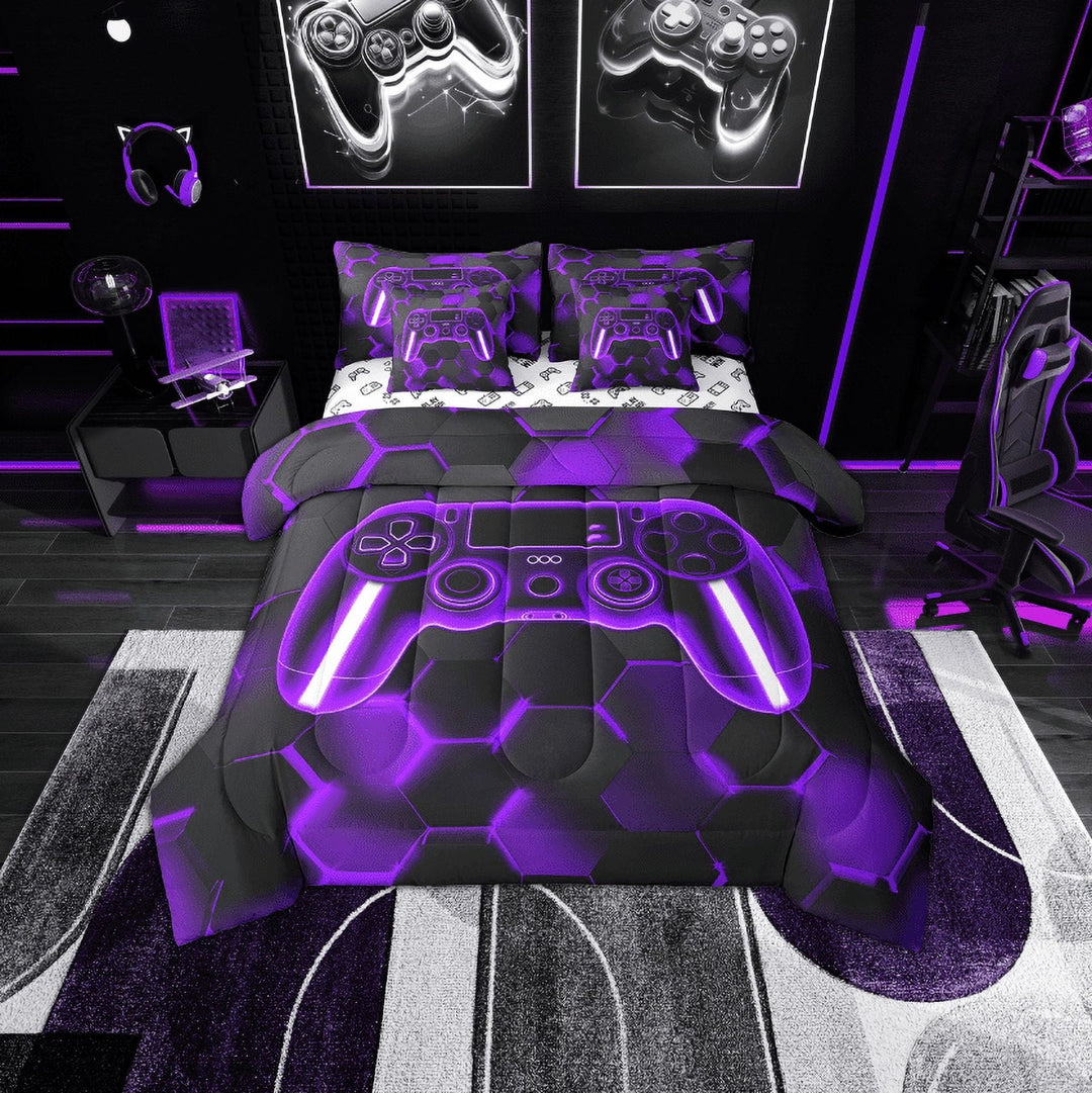 Erosebridal Purple Gamepad Bed in a Bag Twin size, Game Player Bed Set, Modern Gaming Reversible Bedding Twin Size, Breathable Bedroom Decoration, 7pcs