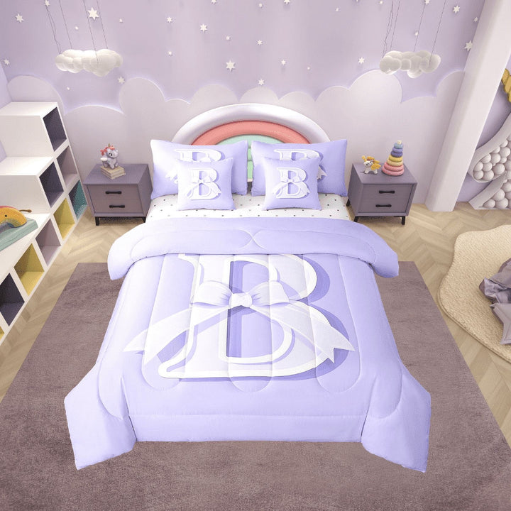 Erosebridal Initial Letter B Bedding Twin Size, Purple Bed in a Bag Twin size, Kawaii Bow-tie Reversible Bed Set, Lightweight Room Decorative, 7 Pieces