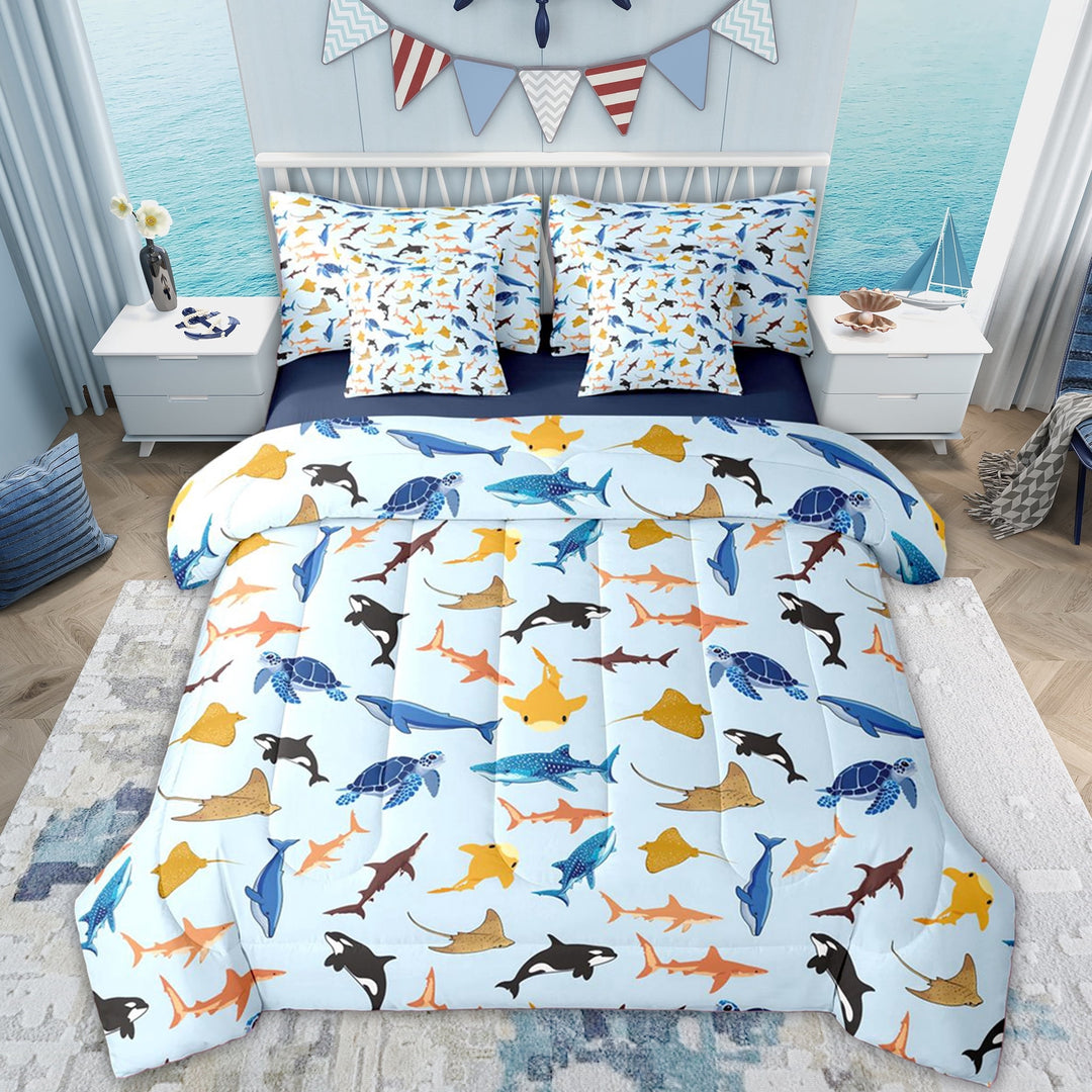 Erosebridal Blue Sharks Kids Bedding Comforter Set, Cute Cartoon Sealife Queen Bedding Sets, 7 Pieces