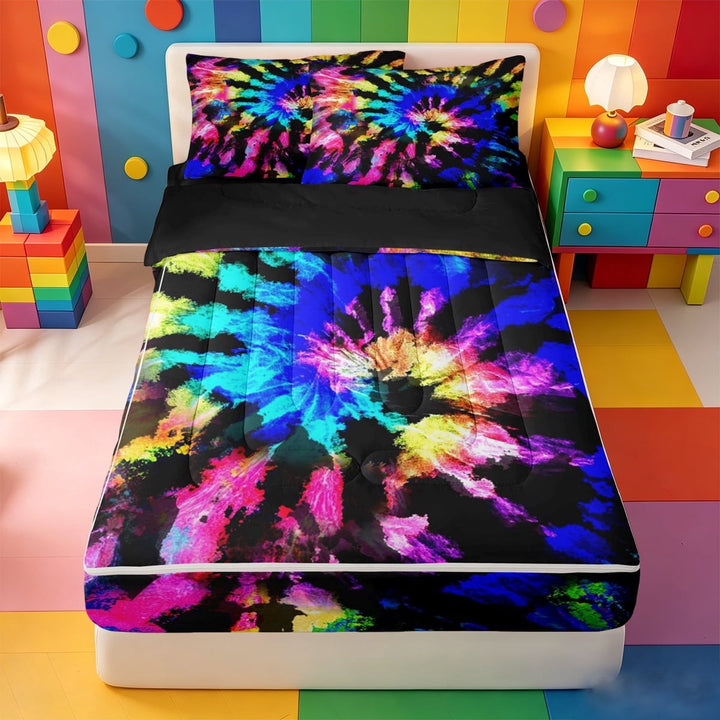 Erosebridal Spiral Tie Dye Zipper Twin Comforter Sets with Fitted Sheet and 2 Pillowcases,Rainbow Swirl Abstract Zipper Bedding Set For Girls,Black Reversible,4pcs