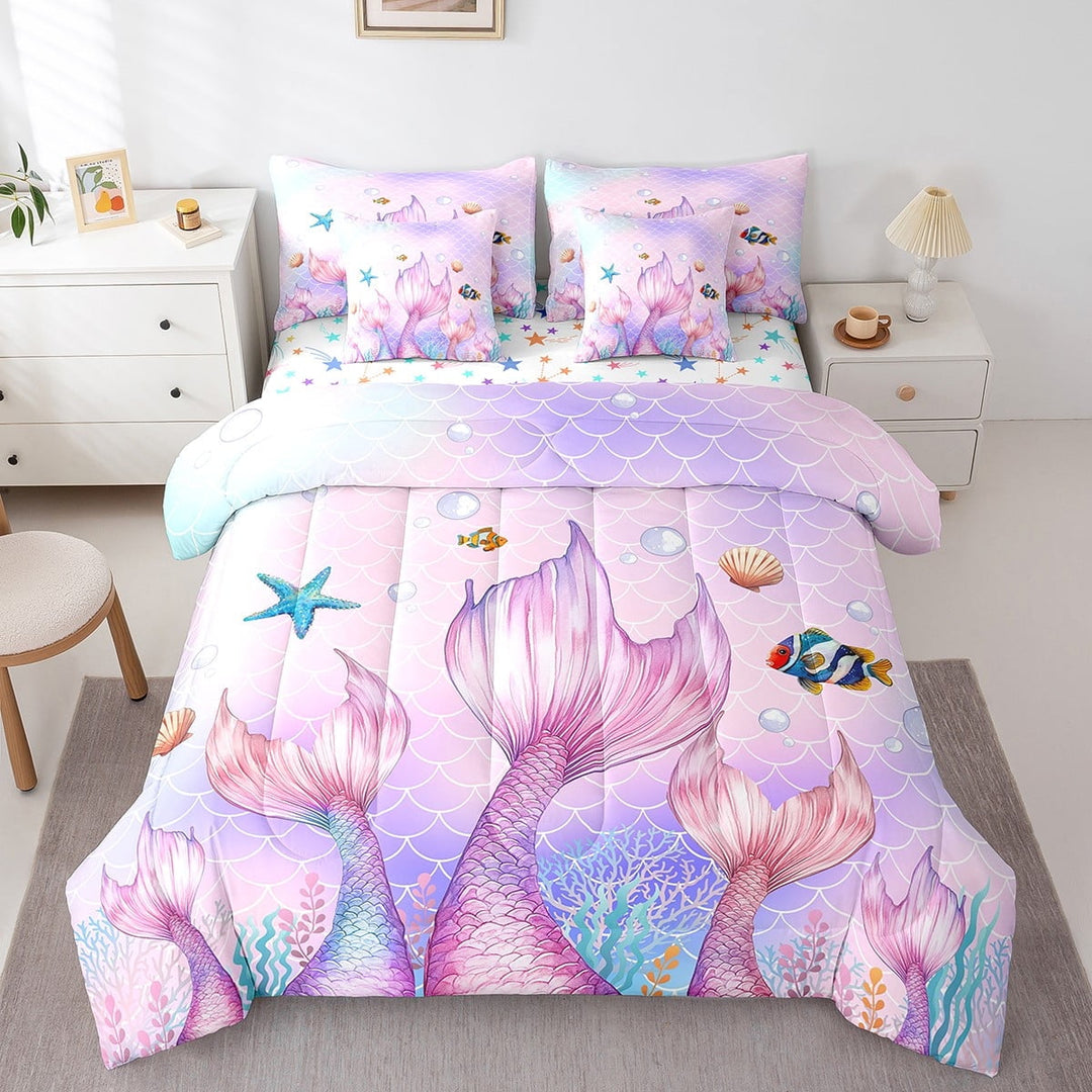 Erosebridal Kawaii Mermaid Bedding Twin Size, Ocean Sealife Bed Set, Dreamy Marine Reversible Bed in a Bag Twin size, Super Cozy Bedroom Decoration, 7pcs
