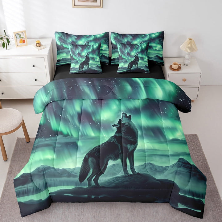 Howling Wolf 7 Piece Bed in a Bag Full,Aurora Sparkle Starry Sky Galaxy Stars Bedding Set Bed Sheets,Natural Iceberg Comforter Set,Wolves Wildlife Safari Animal Sheet Set with Comforter