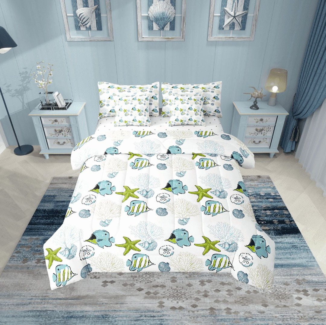 Erosebridal Marine Starfish Bedding Sets Twin Size,Cartoon Sealife Comforter Sets with Sheets,Ocean Decor,Reversible,Breathable,7pcs