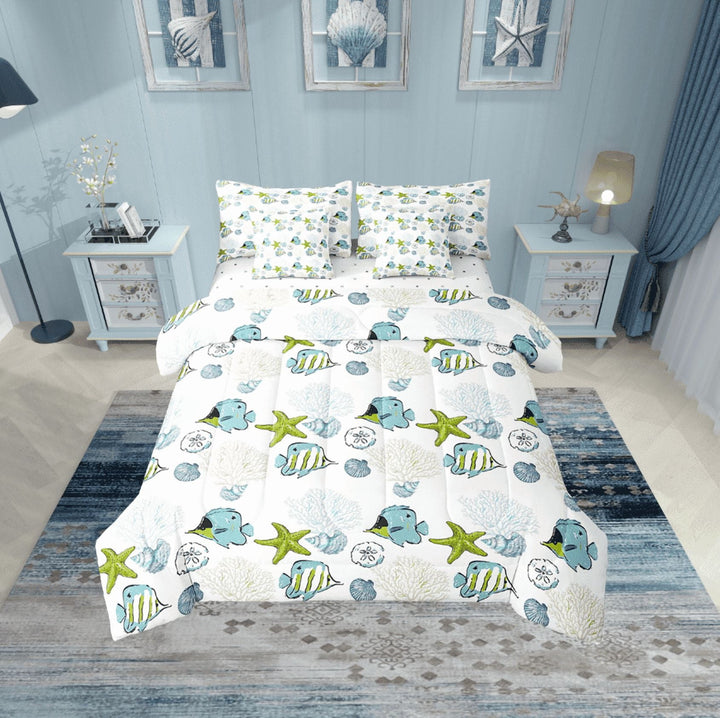 Erosebridal Marine Starfish Bedding Sets Twin Size,Cartoon Sealife Comforter Sets with Sheets,Ocean Decor,Reversible,Breathable,7pcs
