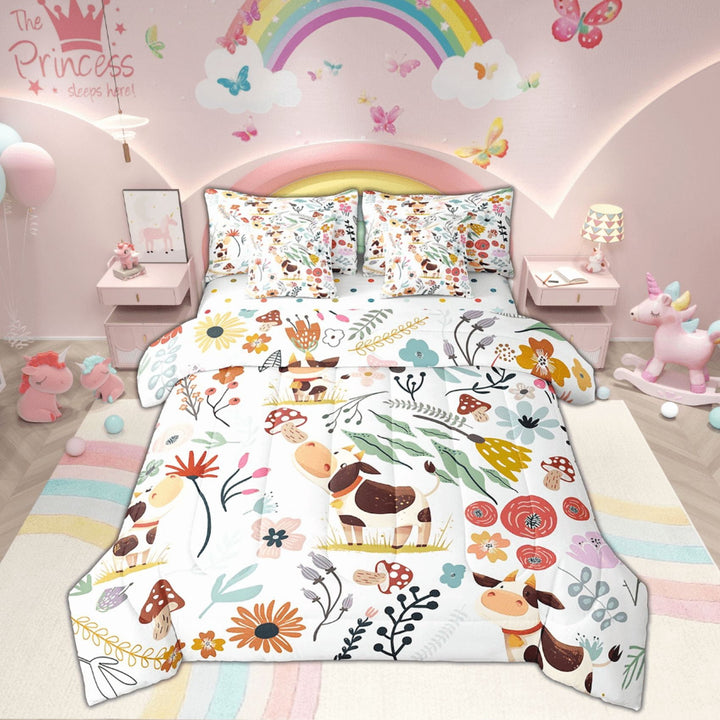 Kawaii Milk Cow Comforter Set 7 Piece Bed in a Bag Twin,Mushroom Floral Cartoon Animal Bedding Sets Watercolor Flowers Leaves Sheet Set with Comforter