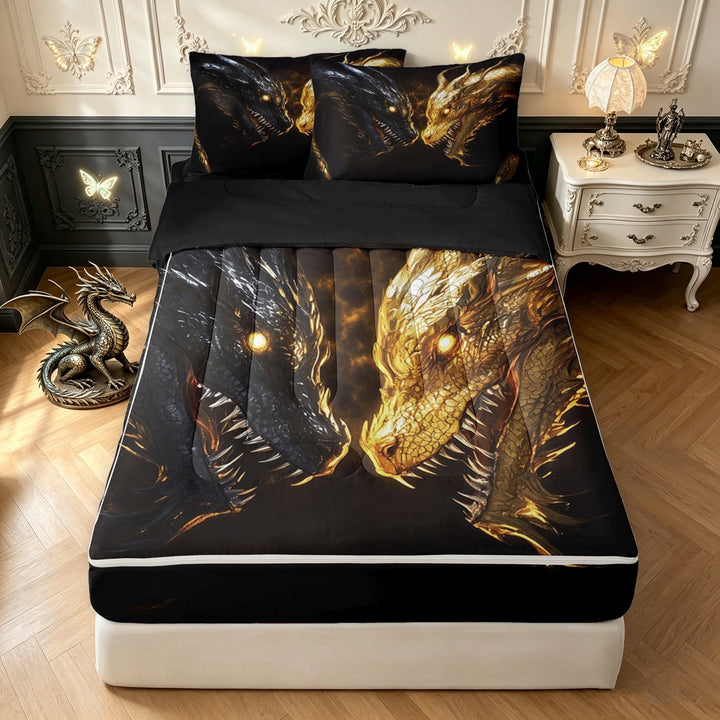meiyoeat Black Gold Dragons Zipper Twin Comforter Sets with Fitted Sheet and 2 Pillowcases for Men Women Boys, Mystic Flame Wildlife Zipper Bedding Set, Black Gold, Black Reversible, 4 Pieces