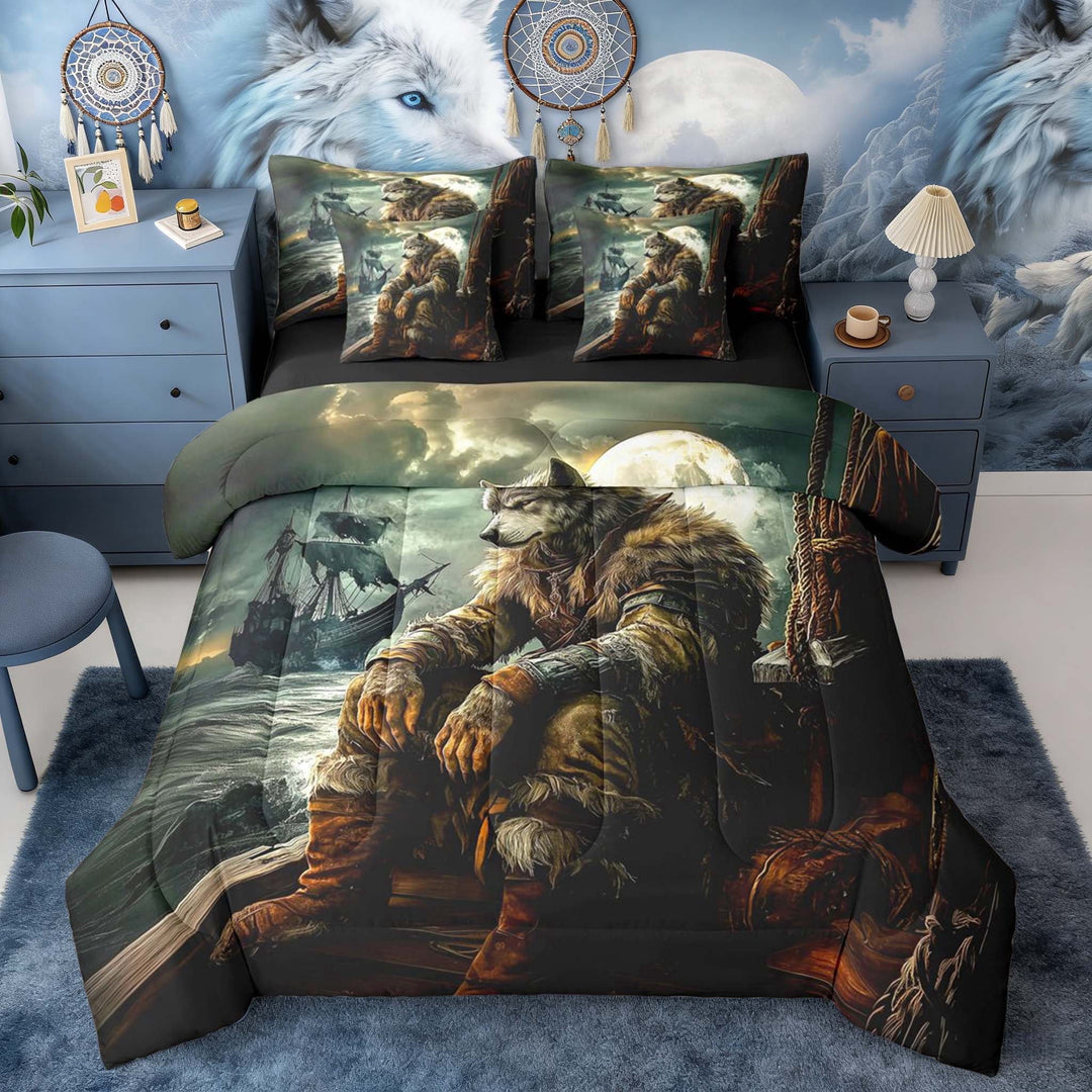 Erosebridal Wolf Warrior Pirate Ship Print Twin Bedding Sets, Fantasy Adventure Bedding Comforter Set for Men and Women, Black Reversible 7-Piece