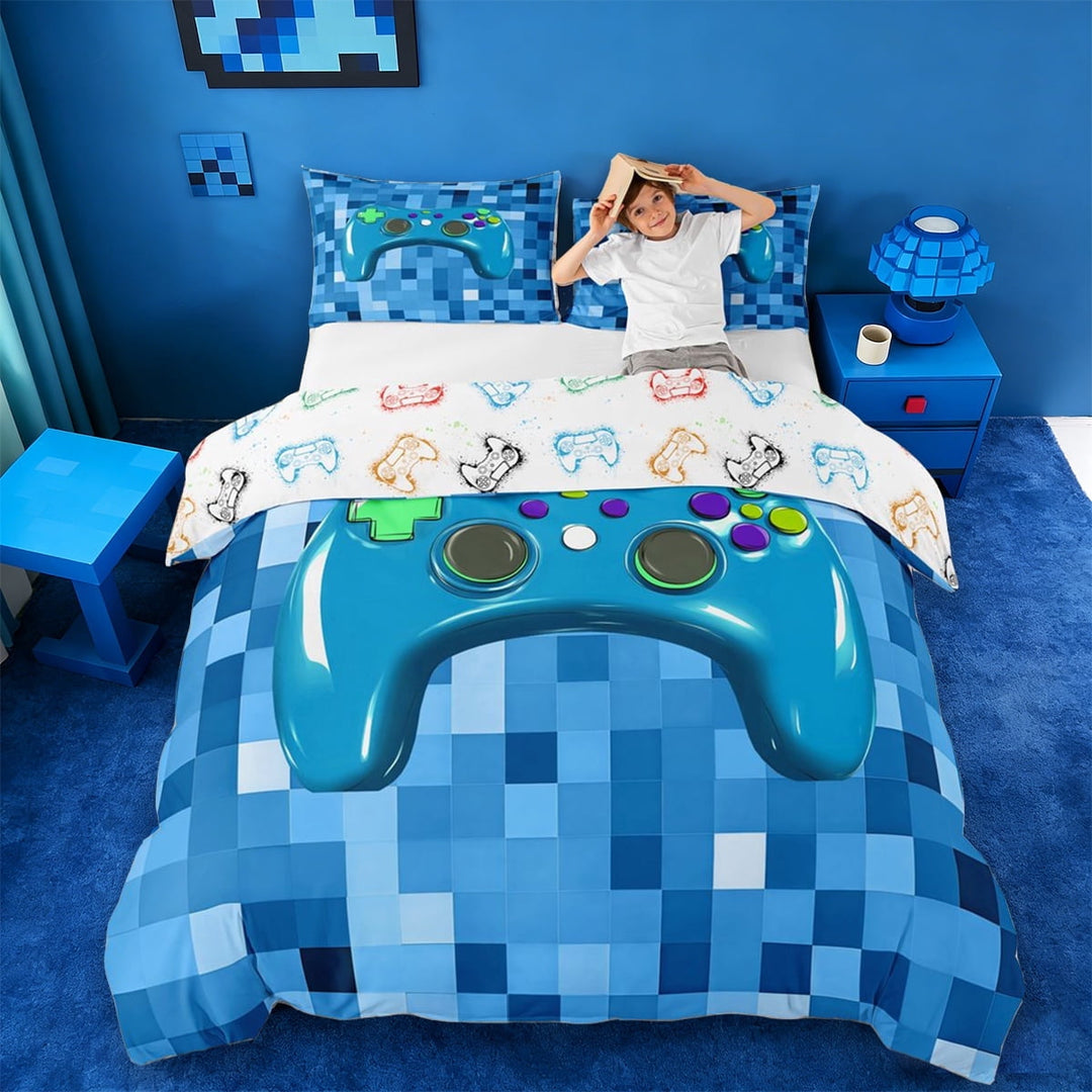 Erosebridal Miners Games Checkered Duvet Cover Set,Gamepad Gamer Video Games Bedding Full For Kids,Reversible 3 Pieces,No Comforter