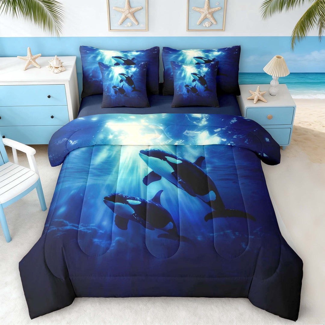 Manfei Ocean Orca Bedding Comforter Set for Kids Boys and Girls, Marine Life Print Full Bedding Set, Navy Reversible 7pcs