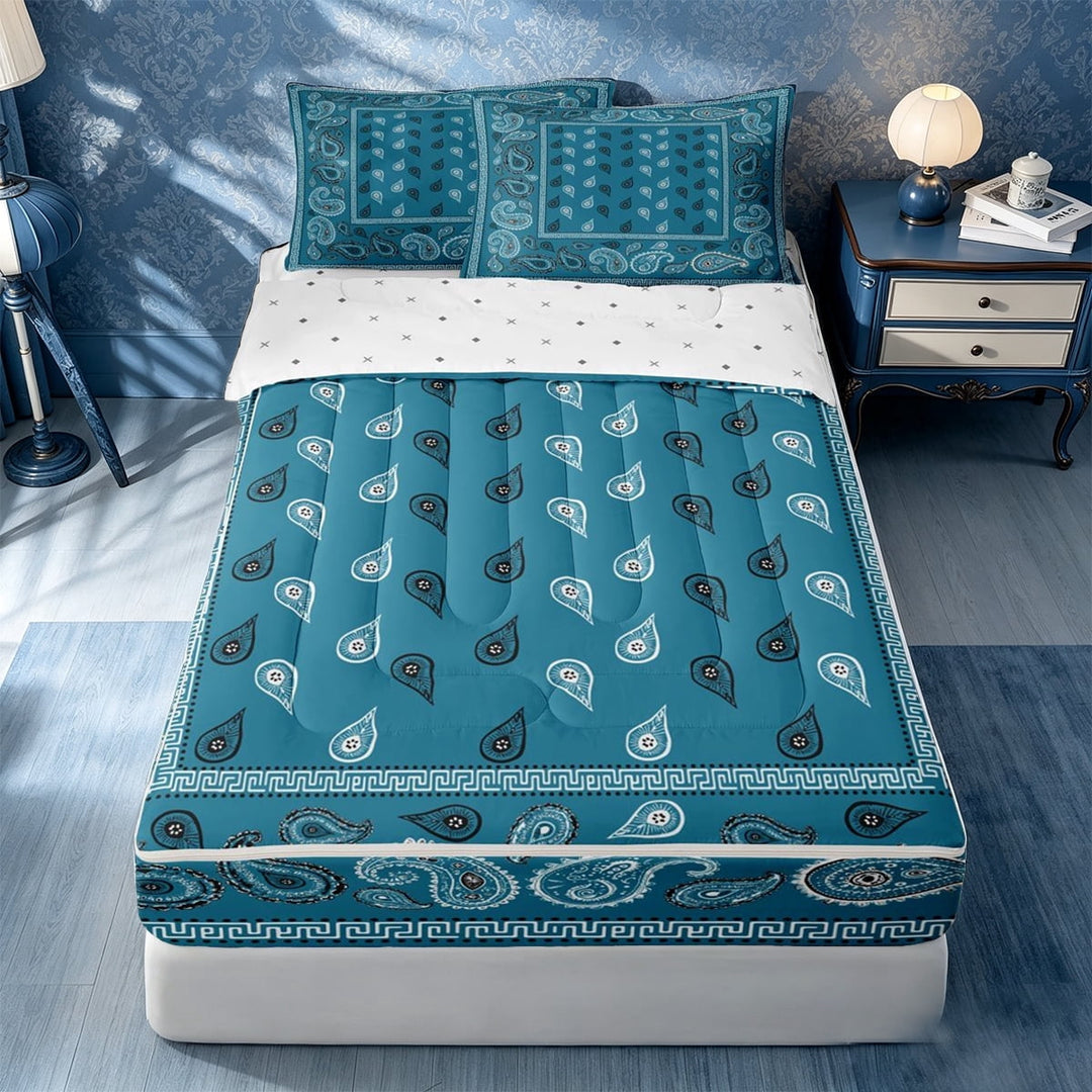 meiyoeat Floral Paisley Zipper Queen Comforter Set with Fitted Sheet and 2 Pillowcases For Men Women,Boho Print Zipper Bedding Set,Teal White,Reversible,4 Pieces