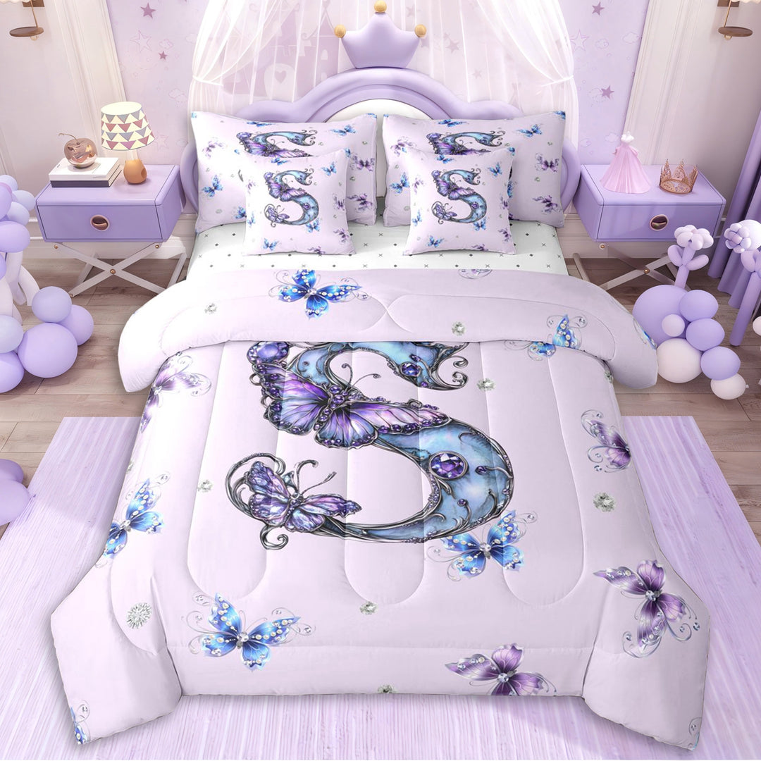 Erosebridal Personalized Initial S Twin Bedding Sets 7-Piece For Girls,Purple Blue Butterflies Bedding Comforter Set For Kids Teens,Microfiber Bedroom Decor